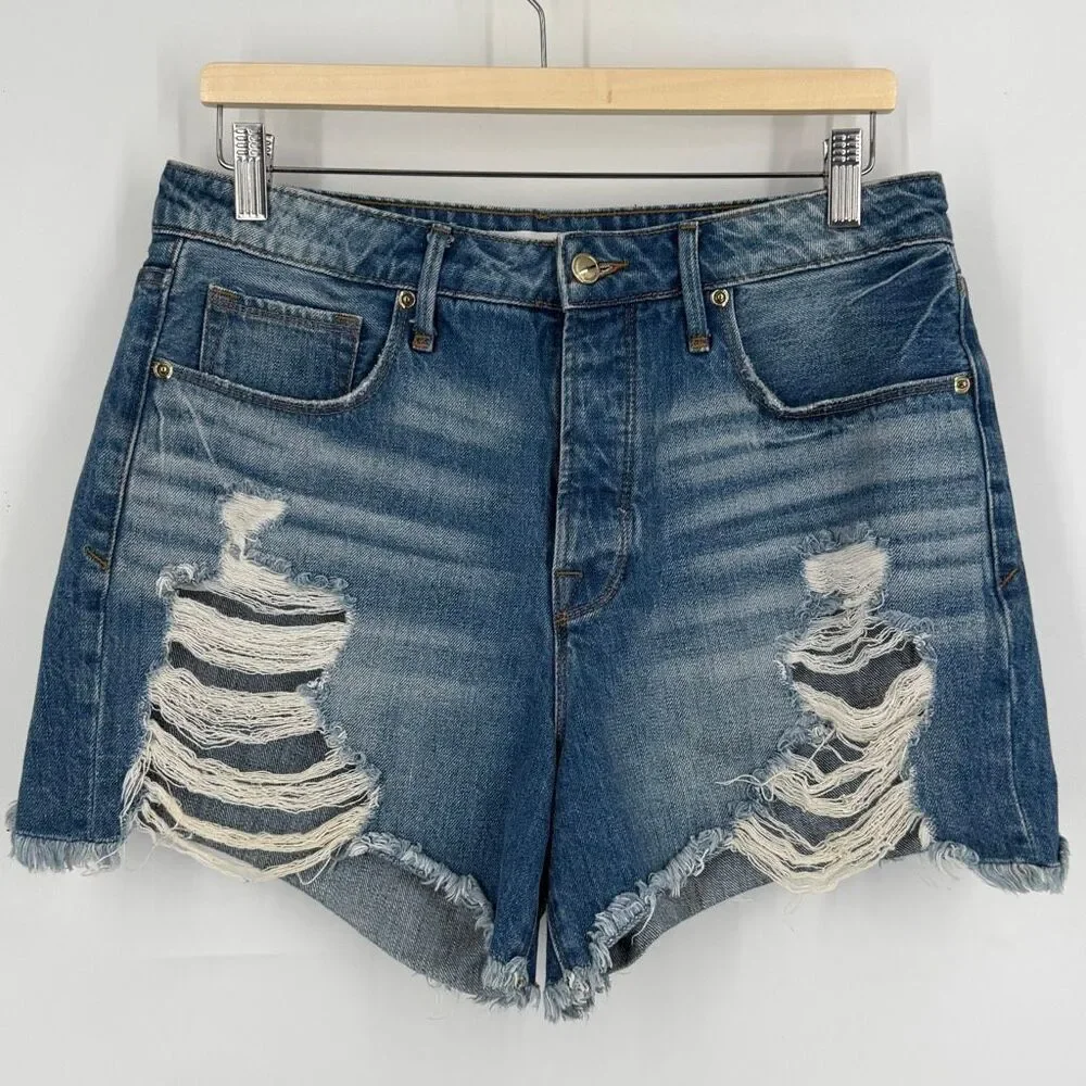 Good American Blue Bombshell Button Fly Distressed Denim Cutoff Shorts Size 6/28